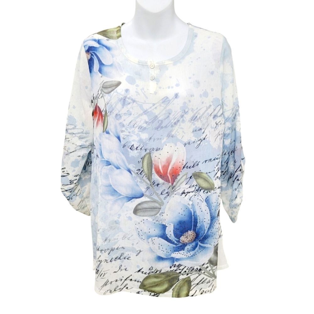 2/$20 Le Grenier Blue & White Flower Pattern Top Blouse Size: Large